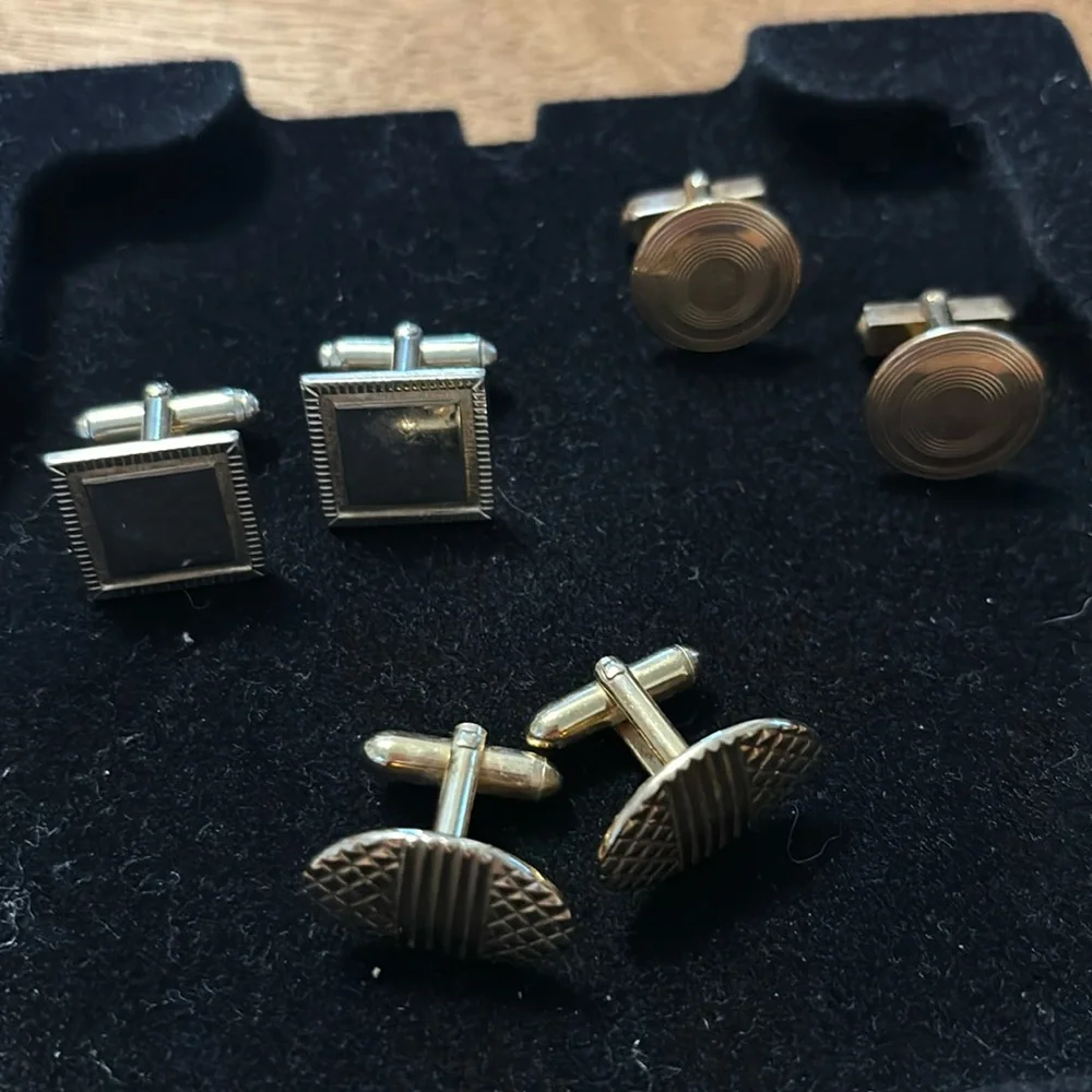 Vintage Gold Tone etched and hammered design Cuff Links Lot of 3